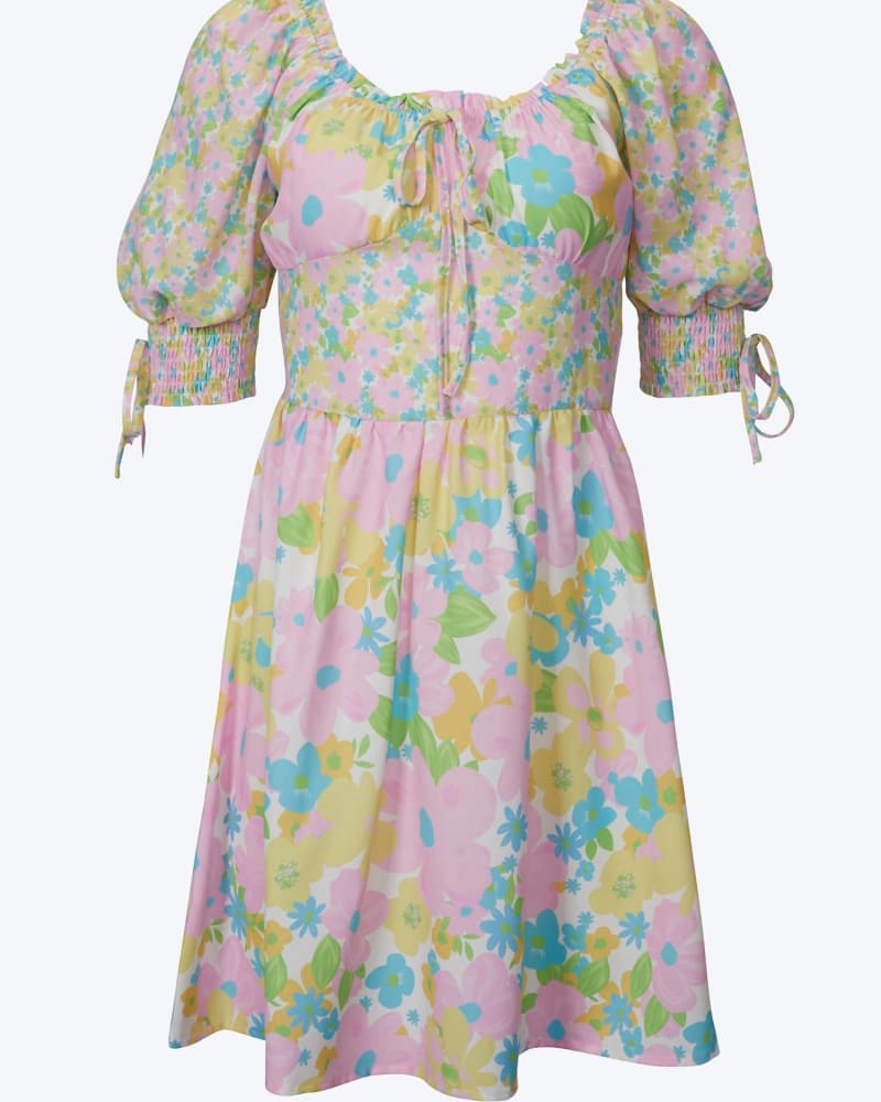 Front of a size L Floral-Print Corset-Effect Satin Mini Dress in Pastel Multi in Pastel Multi by L Michele. | dia_product_style_image_id:335988